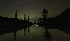 Preview wallpaper night, trees, stars, reflection, mountain