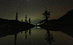 Preview wallpaper night, trees, stars, reflection, mountain