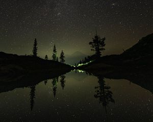 Preview wallpaper night, trees, stars, reflection, mountain