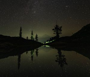 Preview wallpaper night, trees, stars, reflection, mountain