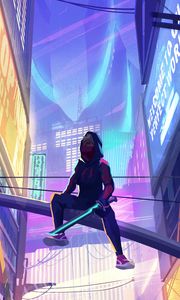 Preview wallpaper ninja, mask, sword, buildings, neon, cyberpunk, art