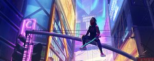 Preview wallpaper ninja, mask, sword, buildings, neon, cyberpunk, art