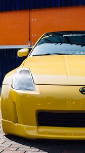 Preview wallpaper nissan 350z, yellow, sports car, front view, tuning