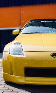 Preview wallpaper nissan 350z, yellow, sports car, front view, tuning
