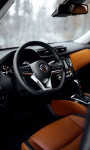 Preview wallpaper nissan, car, steering wheel, salon