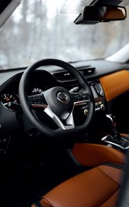 Preview wallpaper nissan, car, steering wheel, salon