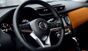 Preview wallpaper nissan, car, steering wheel, salon