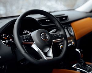 Preview wallpaper nissan, car, steering wheel, salon