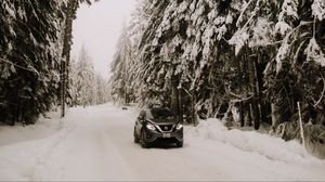 Preview wallpaper nissan, car, suv, snow, trees