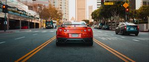 Preview wallpaper nissan gt-r, nissan, car, red, city, road