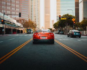 Preview wallpaper nissan gt-r, nissan, car, red, city, road