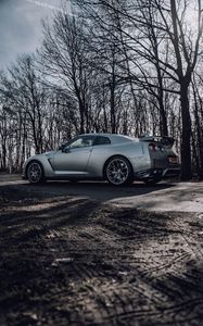 Preview wallpaper nissan gt-r, nissan, car, gray, trees, road