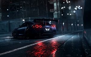 Preview wallpaper nissan gt-r, nissan, sportscar, supercar, night, asphalt, wet, rain, backlight