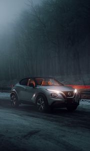 Preview wallpaper nissan juke, nissan, car, gray, side view, fog, road