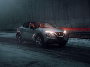 Preview wallpaper nissan juke, nissan, car, gray, side view, fog, road