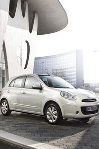 Preview wallpaper nissan micra, white, right side, building