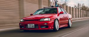 Preview wallpaper nissan r34, nissan, car, red, speed, road