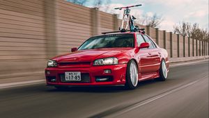 Preview wallpaper nissan r34, nissan, car, red, speed, road