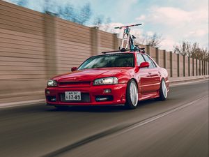 Preview wallpaper nissan r34, nissan, car, red, speed, road