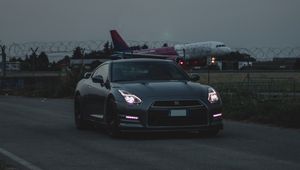 Preview wallpaper nissan r gt, nissan, car, sports car, headlight, dark