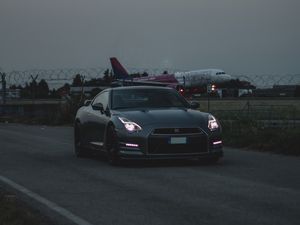 Preview wallpaper nissan r gt, nissan, car, sports car, headlight, dark