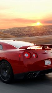 Preview wallpaper nissan, red, run, moving, side view