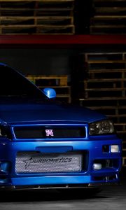 Preview wallpaper nissan skyline, gtr, r34, blue, front view