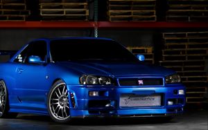 Preview wallpaper nissan skyline, gtr, r34, blue, front view