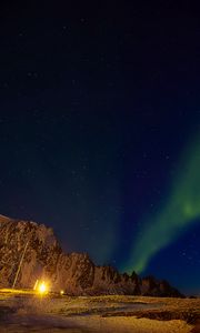 Preview wallpaper northern lights, aurora borealis, mountains, night, stars