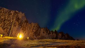 Preview wallpaper northern lights, aurora borealis, mountains, night, stars