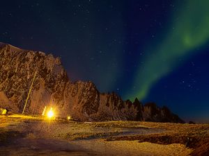 Preview wallpaper northern lights, aurora borealis, mountains, night, stars