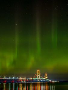 Preview wallpaper northern lights, aurora, bridge, night, michigan, usa