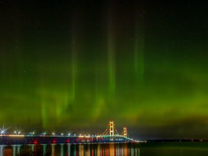 Preview wallpaper northern lights, aurora, bridge, night, michigan, usa