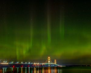 Preview wallpaper northern lights, aurora, bridge, night, michigan, usa