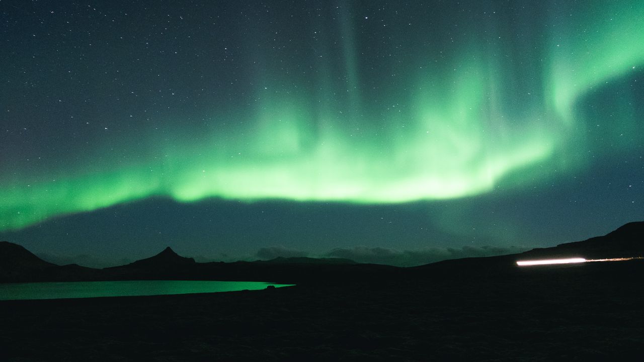 Wallpaper northern lights, aurora, green, night, landscape