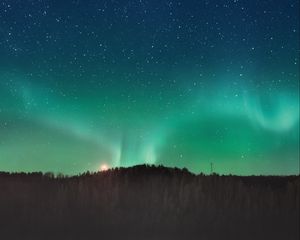 Preview wallpaper northern lights, aurora, horizon, stars, starry sky, night