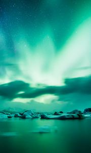 Preview wallpaper northern lights, aurora, lake, ice, horizon, iceland