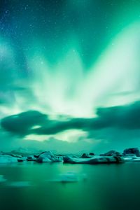 Preview wallpaper northern lights, aurora, lake, ice, horizon, iceland