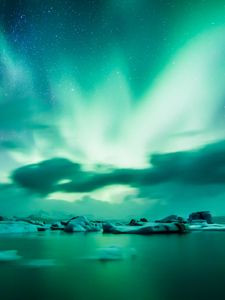 Preview wallpaper northern lights, aurora, lake, ice, horizon, iceland