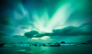 Preview wallpaper northern lights, aurora, lake, ice, horizon, iceland
