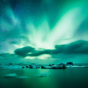 Preview wallpaper northern lights, aurora, lake, ice, horizon, iceland