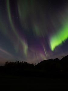 Preview wallpaper northern lights, aurora, mountain, night, starry sky, stars