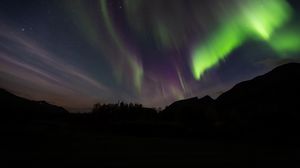 Preview wallpaper northern lights, aurora, mountain, night, starry sky, stars