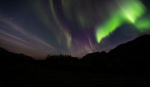 Preview wallpaper northern lights, aurora, mountain, night, starry sky, stars