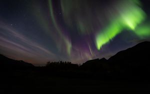 Preview wallpaper northern lights, aurora, mountain, night, starry sky, stars