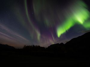 Preview wallpaper northern lights, aurora, mountain, night, starry sky, stars