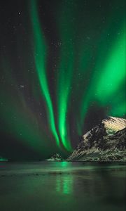 Preview wallpaper northern lights, aurora, mountain, snow, ice, norway