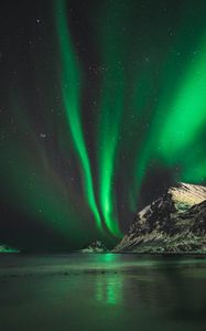 Preview wallpaper northern lights, aurora, mountain, snow, ice, norway