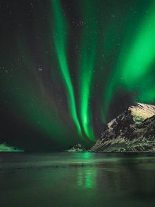 Preview wallpaper northern lights, aurora, mountain, snow, ice, norway