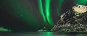 Preview wallpaper northern lights, aurora, mountain, snow, ice, norway